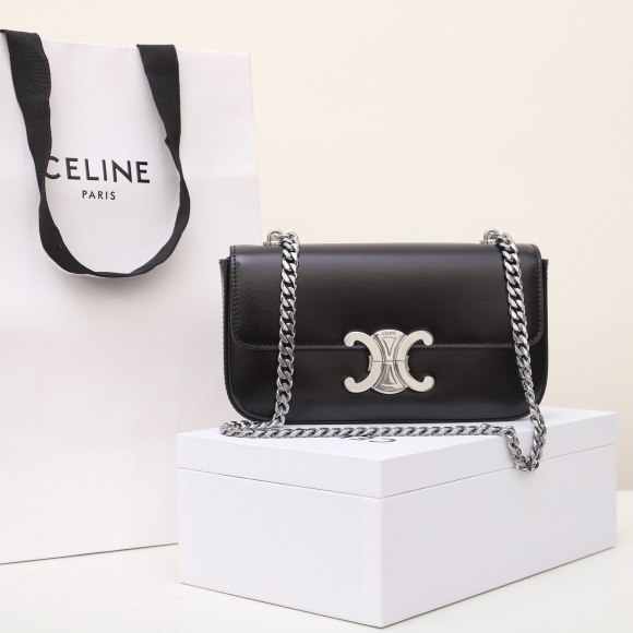 Designer Celine Chain Shoulder Bag Triomphe In Shiny Calfskin Sliver