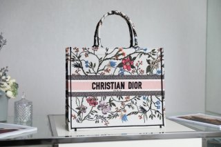 Designer Dior Book Tote White Multicolor Dior Petites Fleurs Embroidery