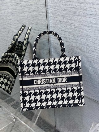 Designer Dior Book Tote Medium Black Macro Houndstooth Embroidery M1296ZTQT_M911