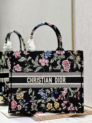 Designer Dior Book Tote Large Black Multicolor Dior Petites Fleurs Embroidery M1286ZEAU_M911