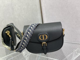 Designer Dior Large Bobby Bag Black Box Calfskin with Blue Dior Oblique Embroidered Strap M9320UMOB_M911