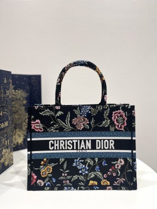 Designer Dior Book Tote Medium Black Multicolor Dior Petites Fleurs Embroidery M1296ZEAU_M911