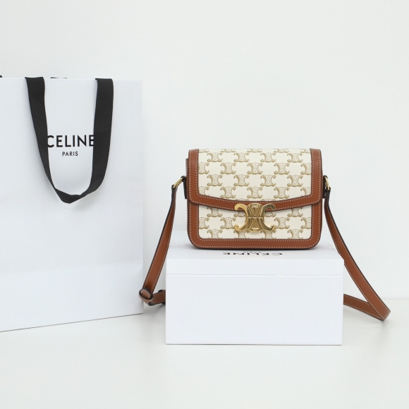 Designer Celine Teen Triomphe Bag In Triomphe Canvas And Calfskin White